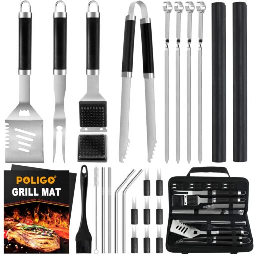 POLIGO 26 PCS Grill Set Backyard BBQ Grill Accessories Stainless Steel Grill Utensils Set with Bag for Christmas Dads Birthday - Camping BBQ Tools Grilling Tools Set Ideal Grilling Gifts for Men Women Black - 26PCS BBQ Set