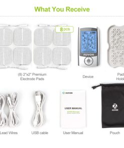 AUVON Rechargeable TENS Unit Muscle Stimulator, 24 Modes 4th Gen TENS Machine with 8pcs 2"x2" Premium Electrode Pads for Pain Relief A-silver 25 61L81UB7eYL