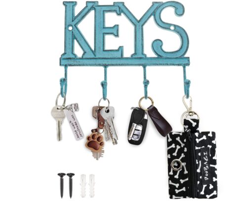 Comfify Key Holder for Wall - Cast Iron Decorative Farmhouse Rustic Wall Mount Key Organizer - 4 Key Hooks -  Vintage Key Rack for Entryway with Screws and Anchors – 6x8” - Rustic Blue