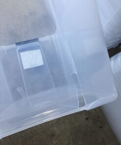 Sterilite 70 Qt Ultra Latch Box, Stackable Storage Bin with Latching Lid, Organize Clothes, Sport Gear in Basement, Clear with White Lid, 4-Pack 70 Quart 42 61LDopNiU L