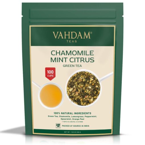 VAHDAM, Chamomile Mint Citrus Green Tea Leaves (100 Cups/7oz) Essential Herbs | Green Tea Leaves, Chamomile, Peppermint, Spearmint, Orange Peels, Lemongrass | High Elevation Grown | Vacuum Sealed