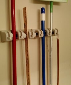 HOME IT Mop And Broom Holder - Garage Storage Systems with 5 Slots, 6 Hooks, 7.5lbs Capacity Per Slot - Garden Tool Organizer For 11 Tools - For Home, Kitchen, Closet, Laundry Room - Off-White 48 61LM6hlfZcL