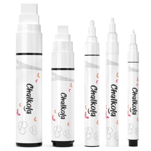 Chalkola 5 White Chalk Markers for Chalkboard Signs, Blackboard, Car Window, Bistro, Glass | 5 Variety Pack - Thin, Fine Tip, Bold & Jumbo Size Erasable Liquid Chalk Pens (1mm, 3mm, 6mm, 10mm, 15mm)