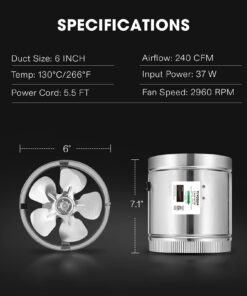 VIVOSUN 6 Inch Inline Duct Fan 240 CFM, HVAC Exhaust Ventilation Fan with Low Noise for Basements, Bathrooms, Kitchens and Attics, Silver 6'' 24 61Ll7V3IRmL