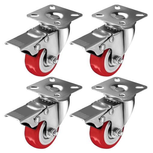 Online Best Service 4 Pack Caster Wheels Swivel Plate On Red Polyurethane Wheels (2 inch with Brake) 2 inch with Brake