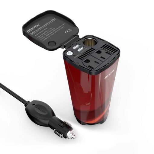 BESTEK 200W Car Power Inverter, Car Plug Adapter Outlet Converter with 2 AC Outlets, Dual 4.5A USB Charging Ports, Cup Holder Car inverter with Cigarette Lighter Socket for Laptop, Computer (Cola Red) Cola Red