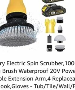 2 Battery Electric Spin Scrubber, 1000RPM Cordless Cleaning Brush Waterproof with 20V Power Supplied, Adjustable Extension Arm, 4 Replaceable Cleaning Heads, Hook, Gloves - for Tub/Tile/Wall/Floor Yellow-2 Batteries 33 61MAMk1jlL