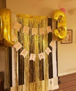Metallic Gold Foil Fringe Shiny Curtains for Party, Prom, Birthday, Event Decorations 3 foot x 8 foot (1 Curtain) 17 61MN43ZkML