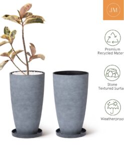 LA JOLIE MUSE Set of 2 Tall Planters with Trays, 20 Inch Indoor/Outdoor Tall Planters,Large Grey Flower Pots,Tree Planters for Front Door,Patio and Deck 2 Pack - 20" Gray 28 61MNCVzSyL
