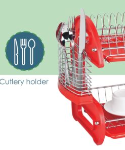 2 Tier Dish Drainer, By Home Basics (Red) Dish Rack For Kitchen Counter, With Cutlery Holder and Cup Slots Red 24 61MNSQBupL