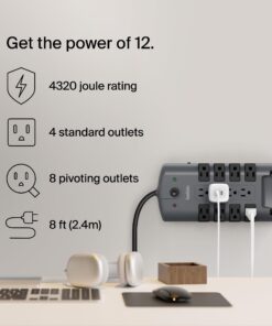 Belkin Surge Protector Power Strip w/ 8 Rotating & 4 Standard Outlets - 8ft Sturdy Extension Cord w/ Flat Pivot Plug for Home, Office, Travel, Desktop & Charging Brick - 4320 Joules of Protection 1 Pack 26 61MWtvXzcsL