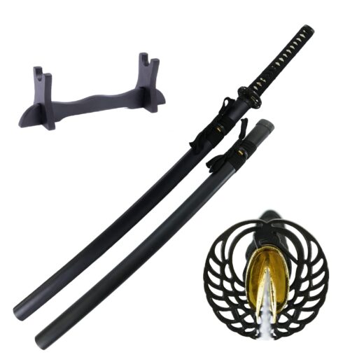 Makoto Kaze Series Handmade Sharp Katana Samurai Sword 40" - Black Dancing Crane Tsuba, Sword Stand Included