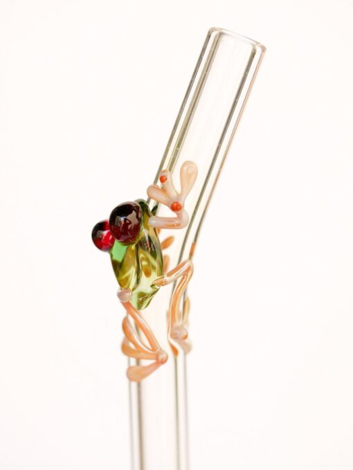 Hummingbird Glass Straws Caramel Frog on Clear Bent 9 in x 9.5 mm with Cleaning Brush