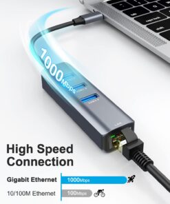 Alternative view of ABLEWE USB C to Ethernet Adapter, 4-in-1 RJ45 to USB-C/Thunderbolt 3 to Gigabit Ethernet LAN Network Adapter for MacBook Pro/Air 2021/2020/2019, iPad Pro 2021, Chromebook, XPS, Surface Book 3/2/Go Grey