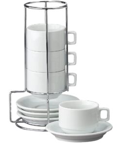 Alternative view of HIC Kitchen 9-Piece Stackable Espresso Coffee Set, Fine White Porcelain, 4 (4-Ounce) Cups with Matching Saucers and Metal Stand, Gift Boxed
