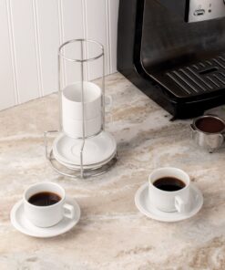 HIC Kitchen 9-Piece Stackable Espresso Coffee Set, Fine White Porcelain, 4 (4-Ounce) Cups with Matching Saucers and Metal Stand, Gift Boxed 16 61ObIfg0SwL