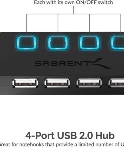 Alternative view of SABRENT 4 Port USB 2.0 Data Hub with Individual LED lit Power Switches [Charging NOT Supported] for Mac & PC (HB-UMLS) USB-A 4-Port