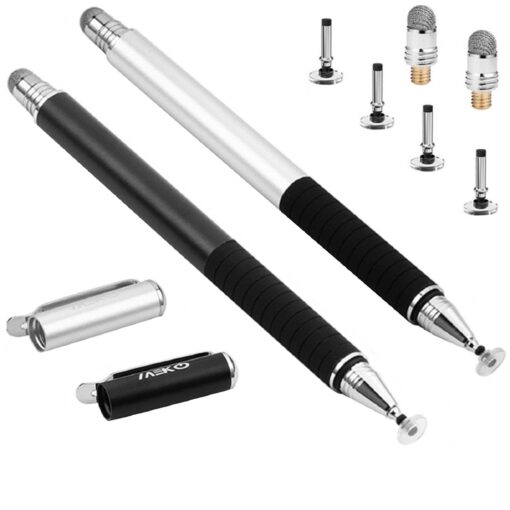 MEKO(2 Pcs)[2 in 1 Precision Series] Disc Stylus/Styli for All Touch Screen Devices Bundle with 4 Replaceable Disc Tips, 2 Replaceable Fiber Tips- (Black/Silver)