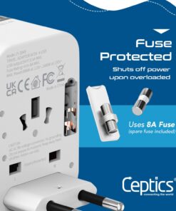 Ceptics Universal Travel Adapter Plug World Power W/ 4 USB Ports - Charge Cell Phones, Smart Watches, iPhones - For International Europe, China, UK, UAE, Australia - Type A, C, G, I 1 Pack World Adapter W/USB 28 61P6LweX2DL