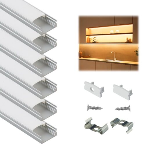 Muzata 6-Pack 3.3ft/1Meter U Shape LED Aluminum Channel System with Cover, End Caps and Mounting Clips Aluminum Profile for Under Cabinet LED Strip Light Installations U1SW WW LU1