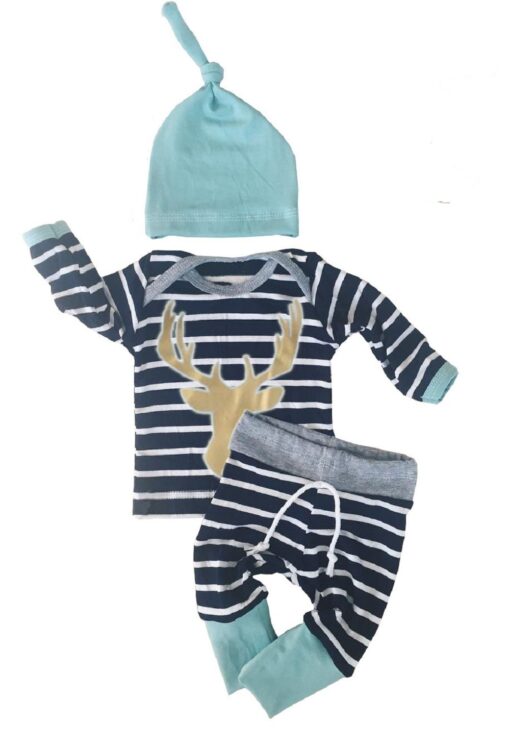 FIOMVA 3pcs/Set Newborn Baby Boys Girls Striped Long Sleeve Deer Tops Pants Hat Outfits 0 - 3 Months Navy Blue&white