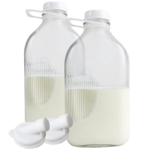 The Dairy Shoppe Heavy Glass Milk Bottles - Jugs with Lids and Silicone Pour Spouts - Clear Milk Containers for Fridge - Reusable Glass Milk Jug Dispenser - Made in USA (64 oz, 2 Pack) 64 oz