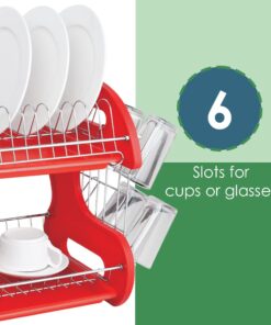2 Tier Dish Drainer, By Home Basics (Red) Dish Rack For Kitchen Counter, With Cutlery Holder and Cup Slots Red 26 61QEX OYKaL