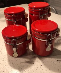 Canister Sets For The Kitchen (4 Piece Set) Red, High Gloss Ceramic | By Home Basics | Decorative | With Wooden Spoons, Countertop Set For Flour, Sugar, Coffee, and Snacks 41 61QrvcVq7wL