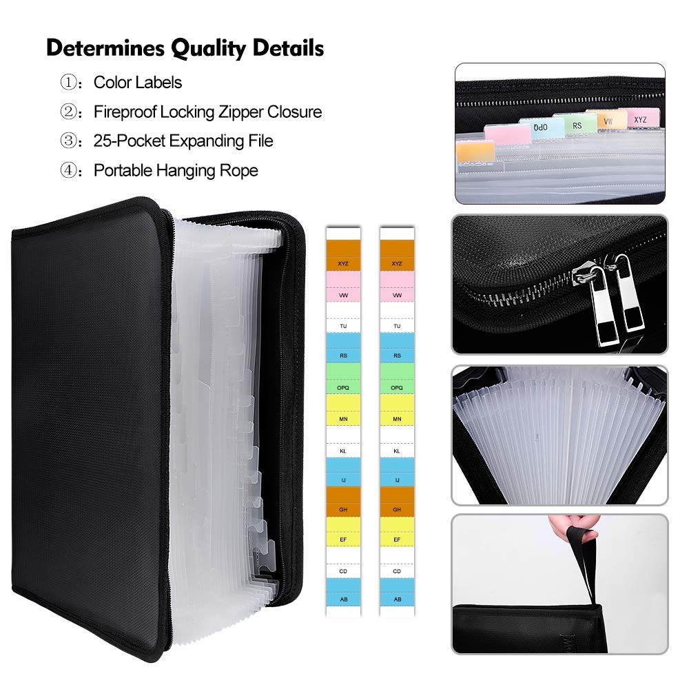 ENGPOW Expanding File Folder Important Document Organizer Fireproof Document Bag-A4 Size, 25 Pockets,Color Labels,Non-Itchy Silicone Coated Portable Filing Organizer Folder(14.3" x 9.8") Black,25 Pockets 3 ENGPOW Expanding File Folder Important Document Organizer Fireproof Document Bag-A4 Size, 25 Pockets,Color Labels,Non-Itchy Silicone Coated Portable Filing Organizer Folder(14.3" x 9.8") Black,25 Pockets - Image 3