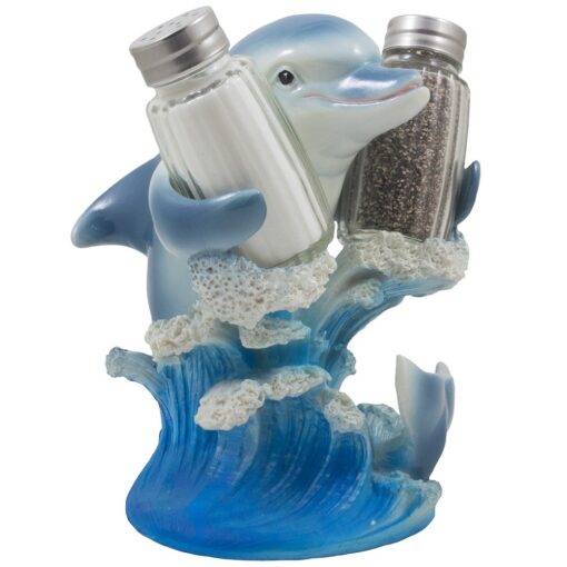 Dolphin Riding Ocean Wave Salt and Pepper Shaker Set with Figurine Holder in Decorative Tropical Kitchen Decor Spice Racks & Porpoise Display Stands or Beach Bar As Gifts for Dolphin Lovers