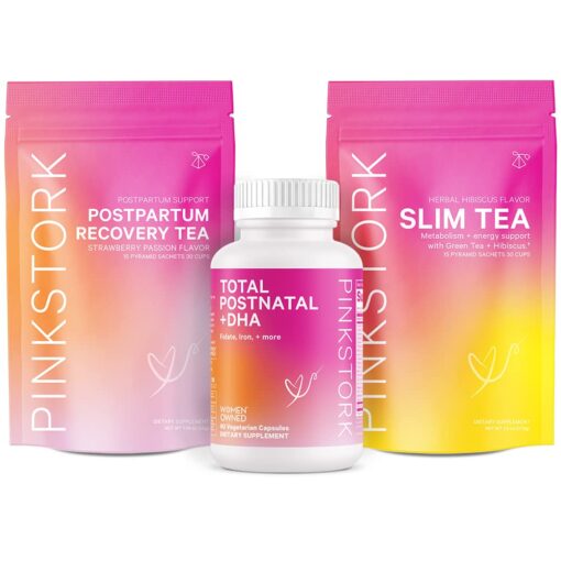 Pink Stork Postpartum Recovery Care Package: Postnatal Vitamins and Herbal Teas for New Moms, with Red Raspberry Leaf, Chamomile, DHA, Iron, Folate, and Vitamin B12 - Set of 3