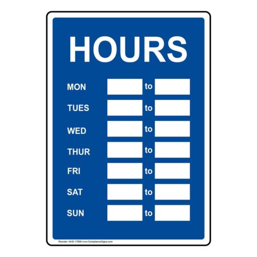 ComplianceSigns.com Hours Of Operation Sign, 10x7 inch Aluminum for Dining/Hospitality/Retail