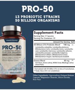 Vitamin Bounty Pro-50 Probiotics - 13 Probiotic Strains, Gut Health, Digestive Health, Probiotic for Women and Men, Delayed Release Capsule with Prebiotic Greens - 60 Capsules 60 Count (Pack of 1) 23 61SnyJu79AL