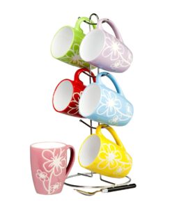 Alternative view of Home Basics 6 Piece Daisy Floral Ceramic 11 Ounce Mug Set For Coffee, Tea, Hot Chocolate etc. with Display Stand Multi color