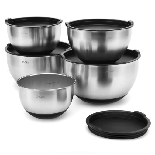 X-Chef Stainless Steel Bowls with Lids, Mixing Storage Bowl Set of 5 with Measurement, Stackable & Non-slip (1, 2, 2.5, 3.5, 4.5 QT)