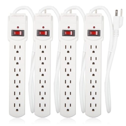 Maxxima 6 Outlet Power Strip Surge Protector - 300 Joules, Features Red On/Off Switch, 4 Pack, Powers Multiple Electronics and Devices Simultaneously, Perfect for Home Appliances - White