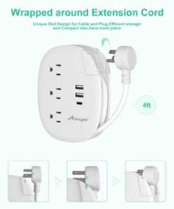 Alitayee USB C Travel Power Strip,Portable Power Strip with 3 Outlets 3 USB Ports Fast Charge, USB Extension Cord with Flat Plug and 4ft Wrapped Around Extension Cord for Cruise Travel Home Office 15.5W USB-4FT 02-White 20 61Tl6ITXPyL
