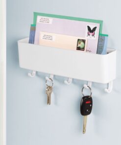 mDesign Wall Mount Modern Plastic Mail Organizer Storage Basket - 5 Hooks - for Entryway, Mudroom, Hallway, Kitchen, Office - Holds Letters, Magazines, Coats, Keys - White 19 61U31s4EkBL