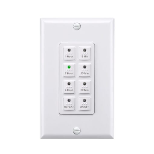 BN-LINK Countdown Digital in-Wall Timer Switch with Push Button 5-15-30-60mins, 2-4hours,for Bathroom Fan,in-Wall Light Timer, Neutral Required, Free Wall Plate, White 4hours