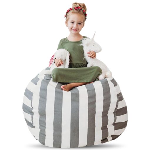 Creative QT Stuff ’n Sit Extra Large 38’’ Bean Bag Storage Cover for Stuffed Animals & Toys – Gray & White Stripe – Toddler & Kids’ Rooms Organizer – Giant Beanbag Great Plush Toy Hammock Alternative Grey/White Striped X-Large