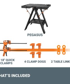 Worx Pegasus 2-in-1 Folding Work Table & Sawhorse, Easy Setup Portable Workbench, 31" W x 25" D x 32" H Lightweight Worktable with Heavy-Duty Load Capacity, WX051 - Includes 2 Clamps & 4 Clamp Dogs Worx Pegasus Work Table 34 61Ub35c8a8L
