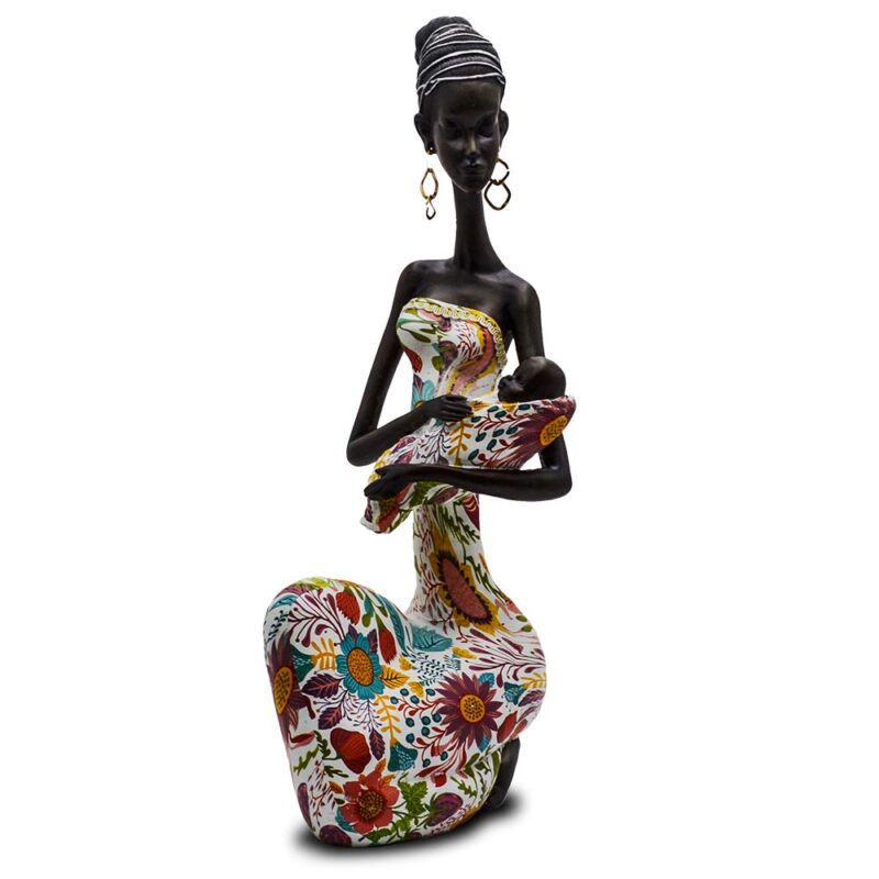 Catalog 8 Statue African Figurine Sculpture Colorful Dress Holding Baby Lady Figurine Statue Home Decor Collectible Art 15.5" Inches Tall - Flower Dress Tropical Decorative Black Figurines