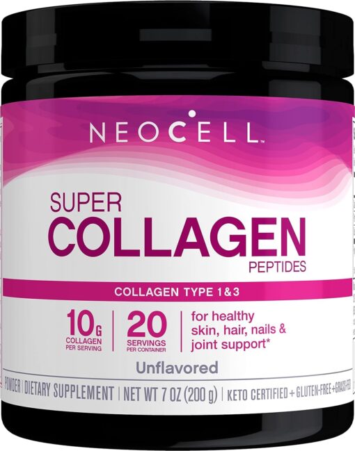 NeoCell Super Collagen Powder, 10g Collagen Peptides per Serving, Gluten Free, Keto Friendly, Non-GMO, Grass Fed, Paleo Friendly, Healthy Hair, Skin, Nails & Joints, Unflavored, 7 Oz 30 Servings (Pack of 1)