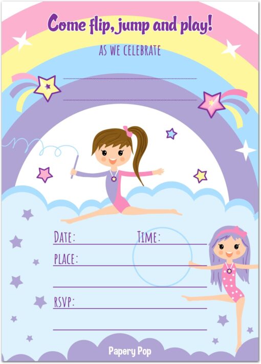 30 Gymnastics Birthday Invitations with Envelopes (30 Pack) - Kids Birthday Party Invitations for Girls - Bounce House - Trampoline