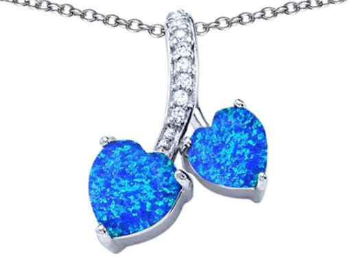 Star K Sterling Silver Double Hearts Pendant Necklace with 8mm and 7mm Heart Shape Stones Blue Created Opal