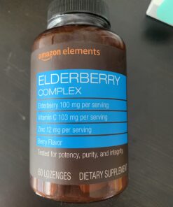 Amazon Elements Elderberry Complex, Immune System Support Tablet, Berry Flavored Lozenges, Adult, Unisex, 60 Count, Elderberry 100mg, Vitamin C 103mg, Zinc 12mg per Serving (Packaging may vary) 37 61VanBQoGoL