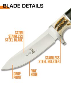 Elk Ridge - Outdoors Fixed Blade Knife - 8.5-in Overall, 3.75-in Mirror Polished Stainless Steel Blade, Full Tang, Jig Bone and Black Wood Handle, Leather Sheath - Hunting, Camping, Survival - ER-087, One Size 10 61W2 mx5KS