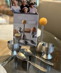 Egg Cups For Soft Boiled Eggs with Spoons - Egg & Cracker Tool Set - Stainless Steel Egg Opener Topper & Cutter - Hard Boiled Egg Holder Tool by Eparé Yellow Rubber Handle 29 61W9bCwe7PL