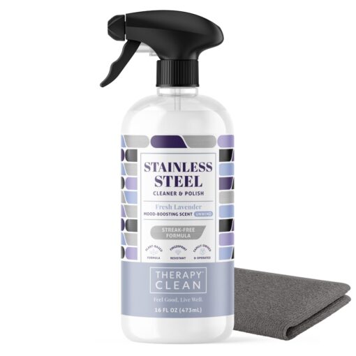 Therapy Stainless Steel Cleaner and Polish Bundle with Microfiber Cloth, Fingerprint and Residue Remover, 100% USDA BioBased, Lavender Essential Oil Scent, Sink Cleaner, Grill Cleaner Spray 16 Fl Oz (Pack of 1)