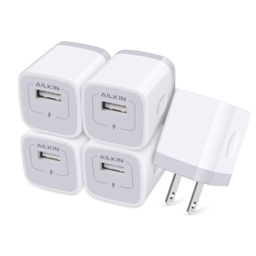 AILKIN USB Charger Wall Plug, [5Pack-1Port] Fast Charging Outlet AC Power Adapter Block Cube for iPhone, iPad, Samsung, Camera, Android or Type C Phones & Tablets Charge Multiple USB Hub Station Base White